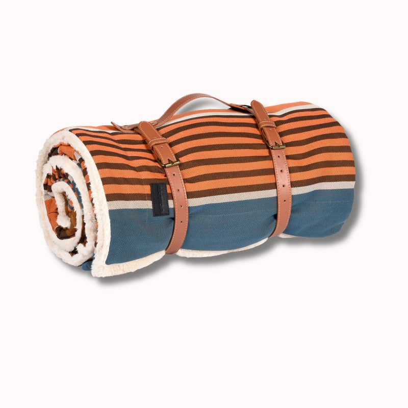 Plaid biface Artiga Bats - rayures pétrole, chocolat, orange et caramel
