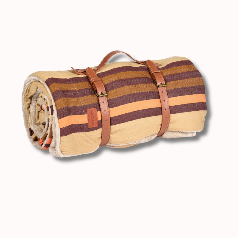 Plaid biface Artiga Brocas - tissage chevron chocolat, prune et caramel sur fond lin
