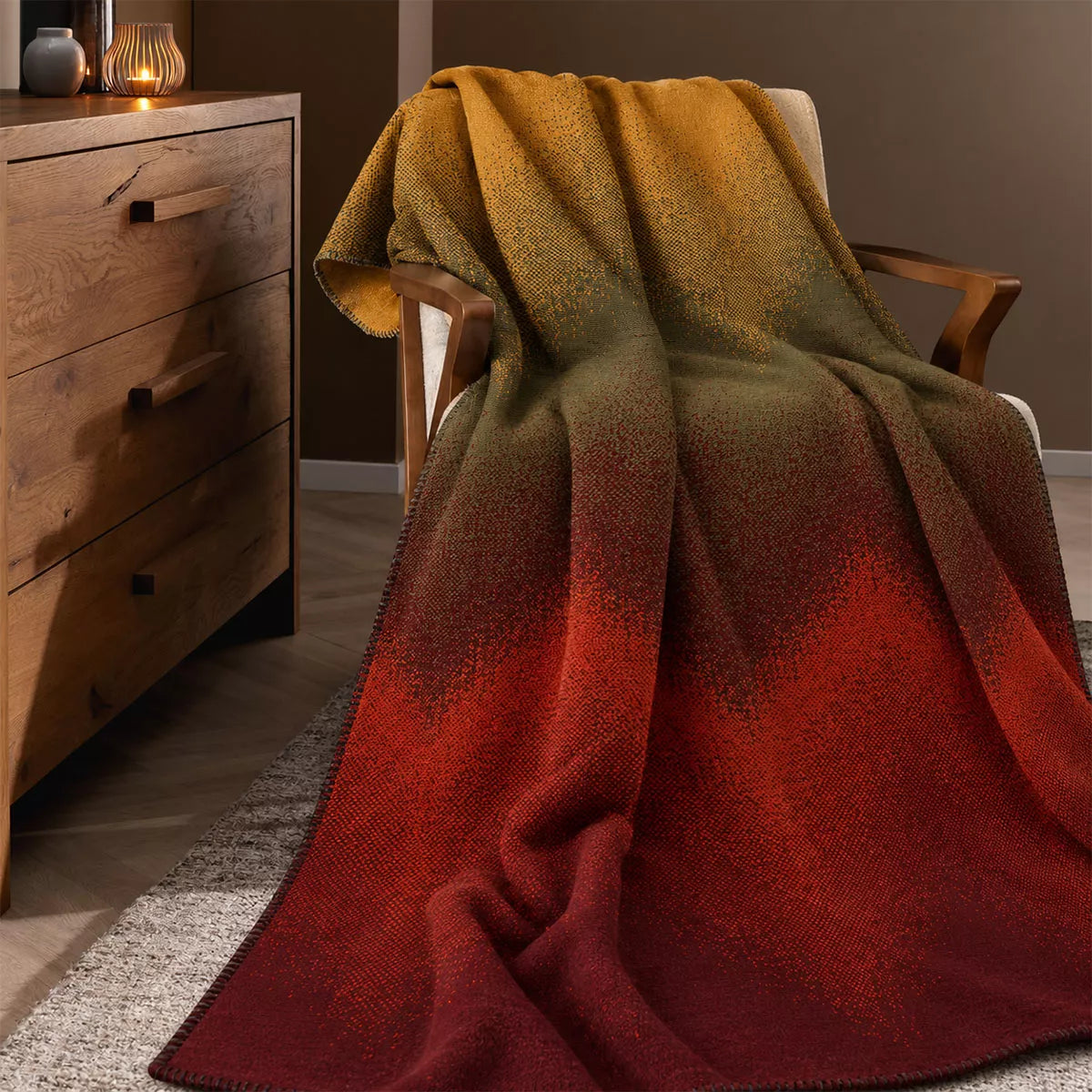 Plaid Wavy Feuillage en jacquard, feuillage ondulant jaune et rouge
