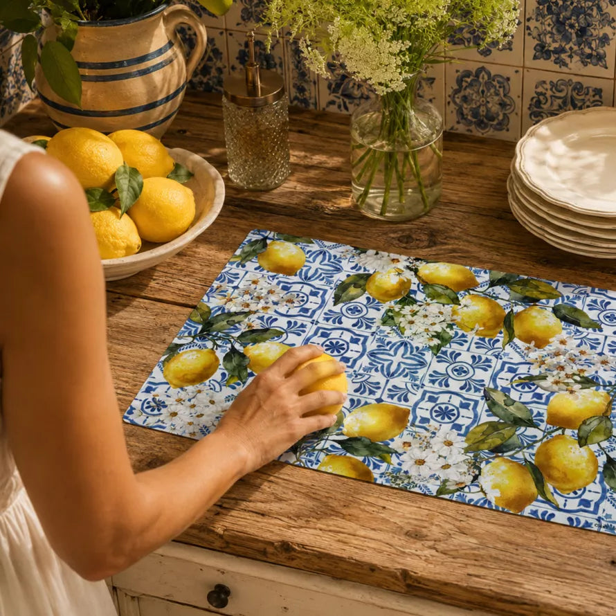 Set de table vinyle Citrons azulejos bleu - Garnier-Thiebaut