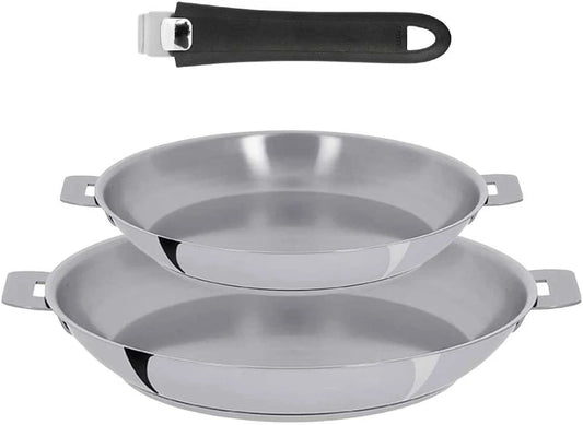 Set de deux poêles hautes inox Mutine Cristel avec poignée amovible noire