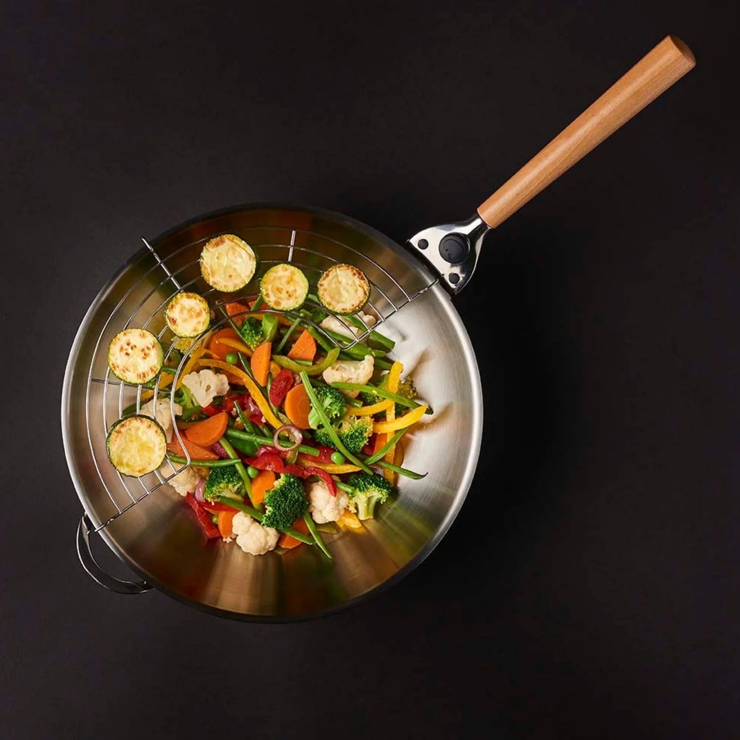 Wok de cuisine - Couvercle et poignée - 4,2L - Panier vapeur - Inox - 32 cm - Tous Feux - O'Wok Gourmet - Mastrad