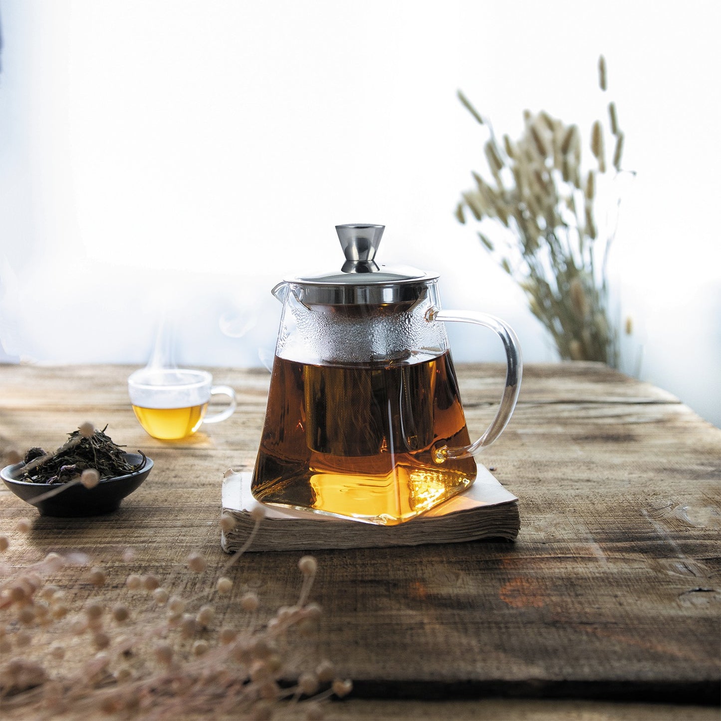 Théière Rooibos en verre avec filtre inox dévissable