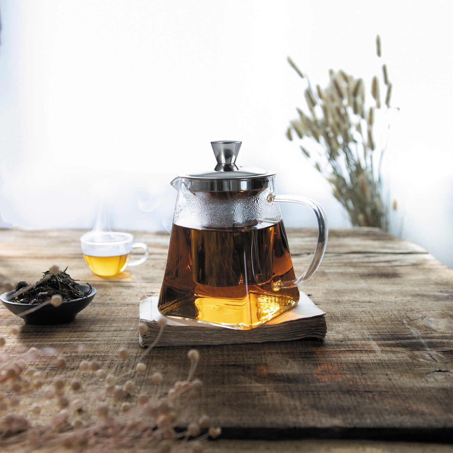 Théière Rooibos en verre avec filtre inox dévissable